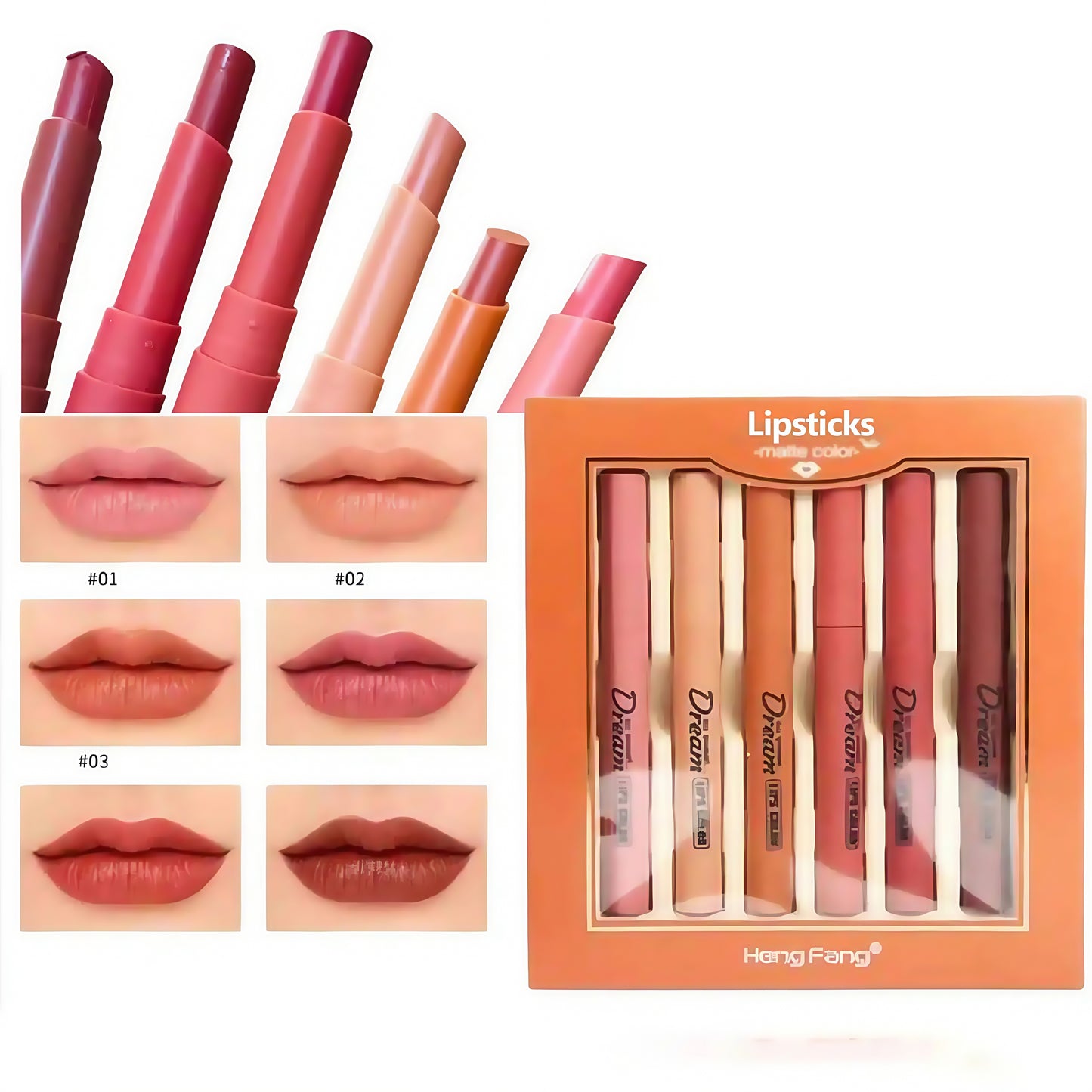 Heng Fang Refreshing Matte Velvet Lipsticks Set of 6pcs -Dream Matte Velvet Lipstick Waterproof.