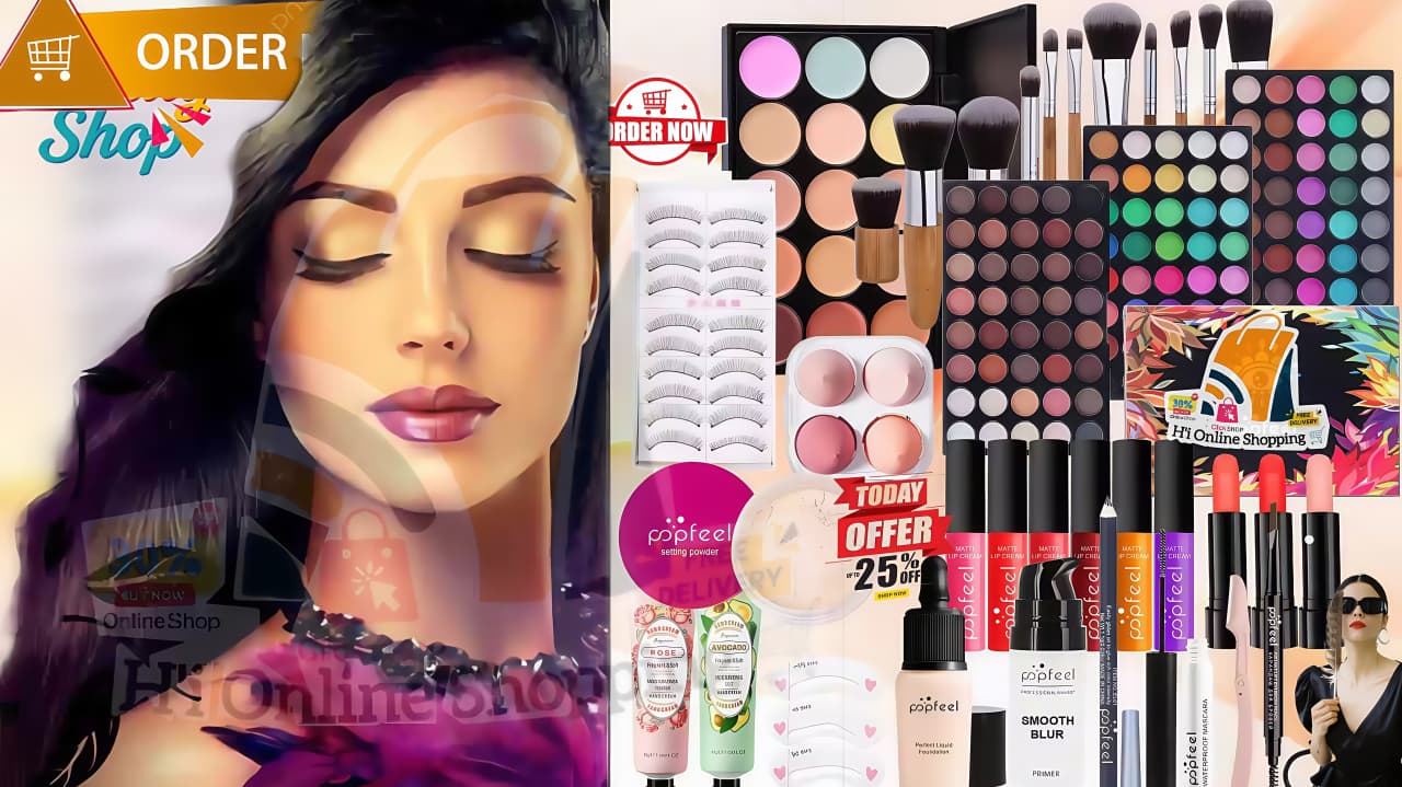 Collage of makeup products and a woman applying makeup with promotional text.